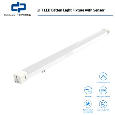 5FT LED Batten Light Fixture with Sensor, Wall or Ceiling Surface-Mounted Tri-Proof Fitting