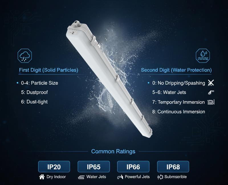 LED waterproof batten light Fixture Rating Classification LED waterproof batten light Fixture Rating Classification. Common waterproof ratings include:IP20, IP65, IP66, IP67, IP68.