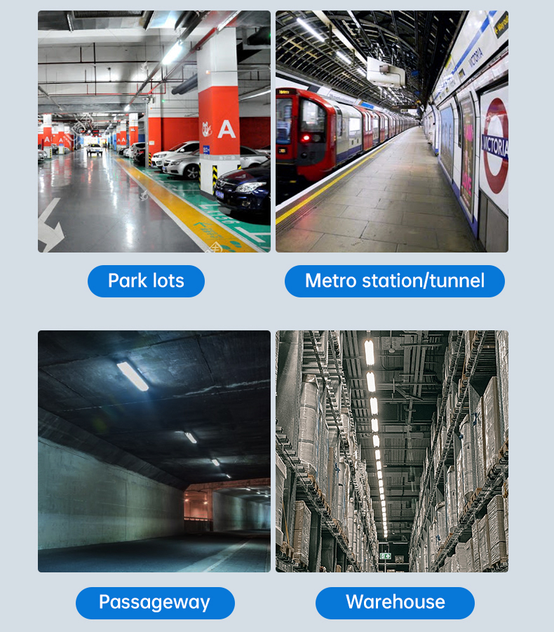 LED Tube Light Fixture Product Application This image introduces the application scenarios of the LED Tube Light Fixture product, including various commercial and industrial locations such as underground parking lots, Warehouse, Passageway, Metro station, and tunnel.